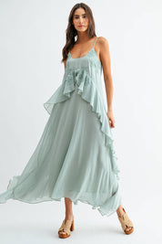 Mint Green Chiffon Maxi Dress with Floral Embroidery