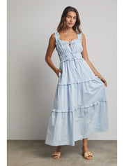 Blue Cotton Ruffle Tiered Midi Dress