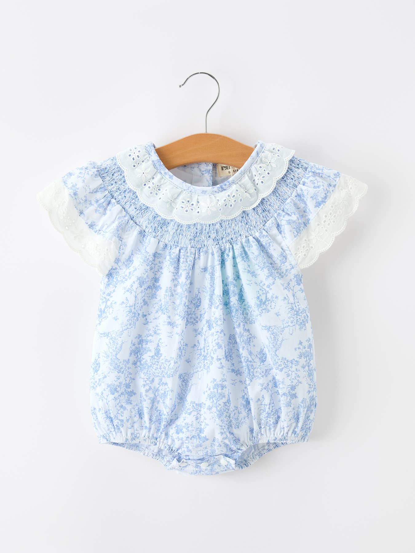 Blue Floral Smocked Matching Set Baby Romper — delicate blue floral print on soft lightweight fabric and finished with