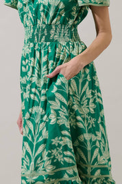 Green Smocked Midi Floral Dress