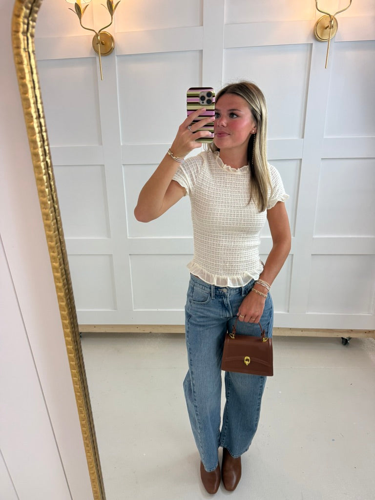 Cream Smocked Ruffle Top