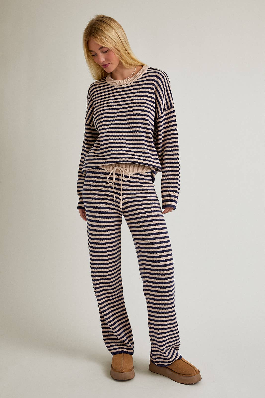 Navy & Taupe Stripe Sweater & Pants Set