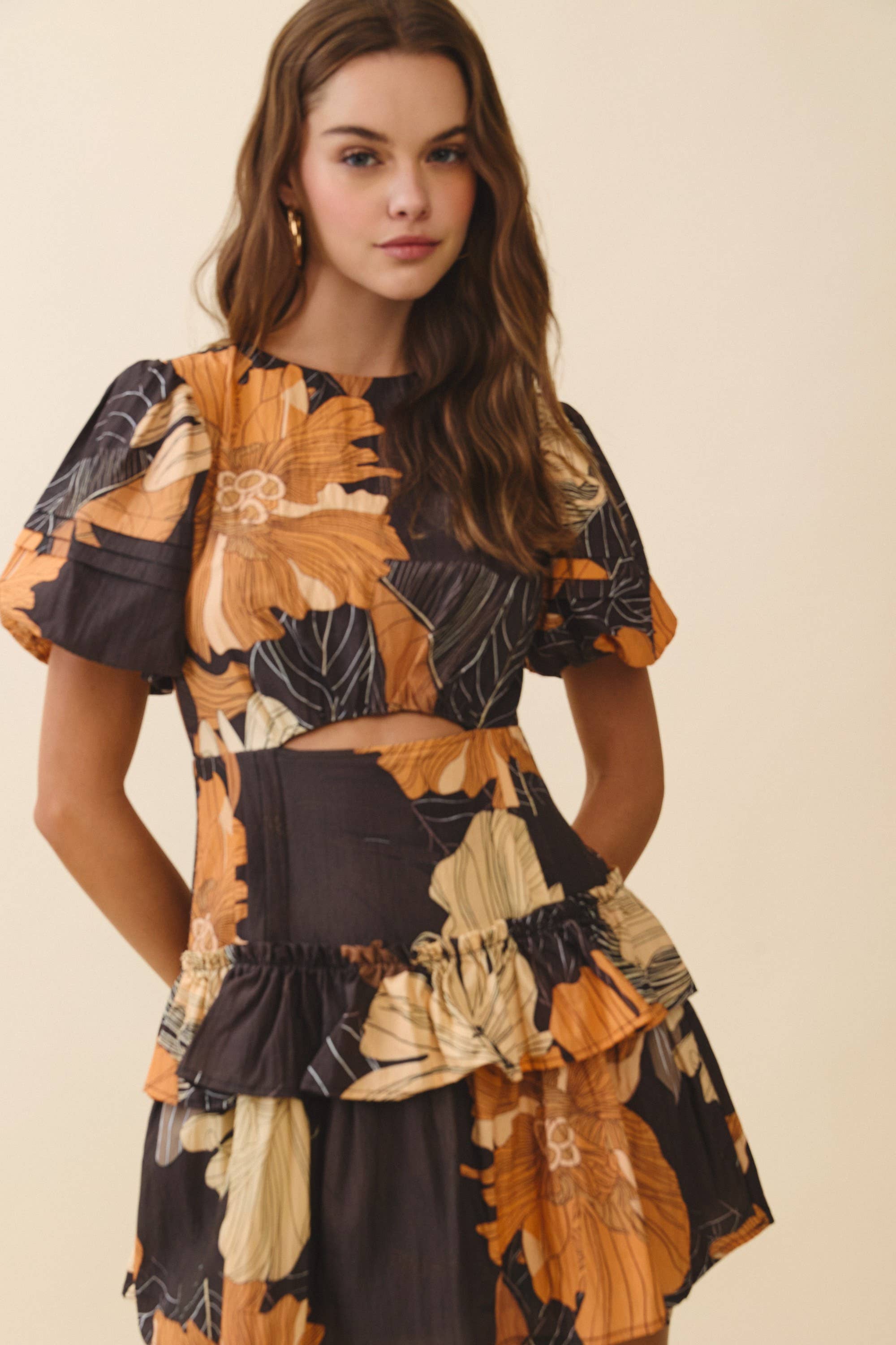 Floral Bodice Waist Cutout Mini Dress