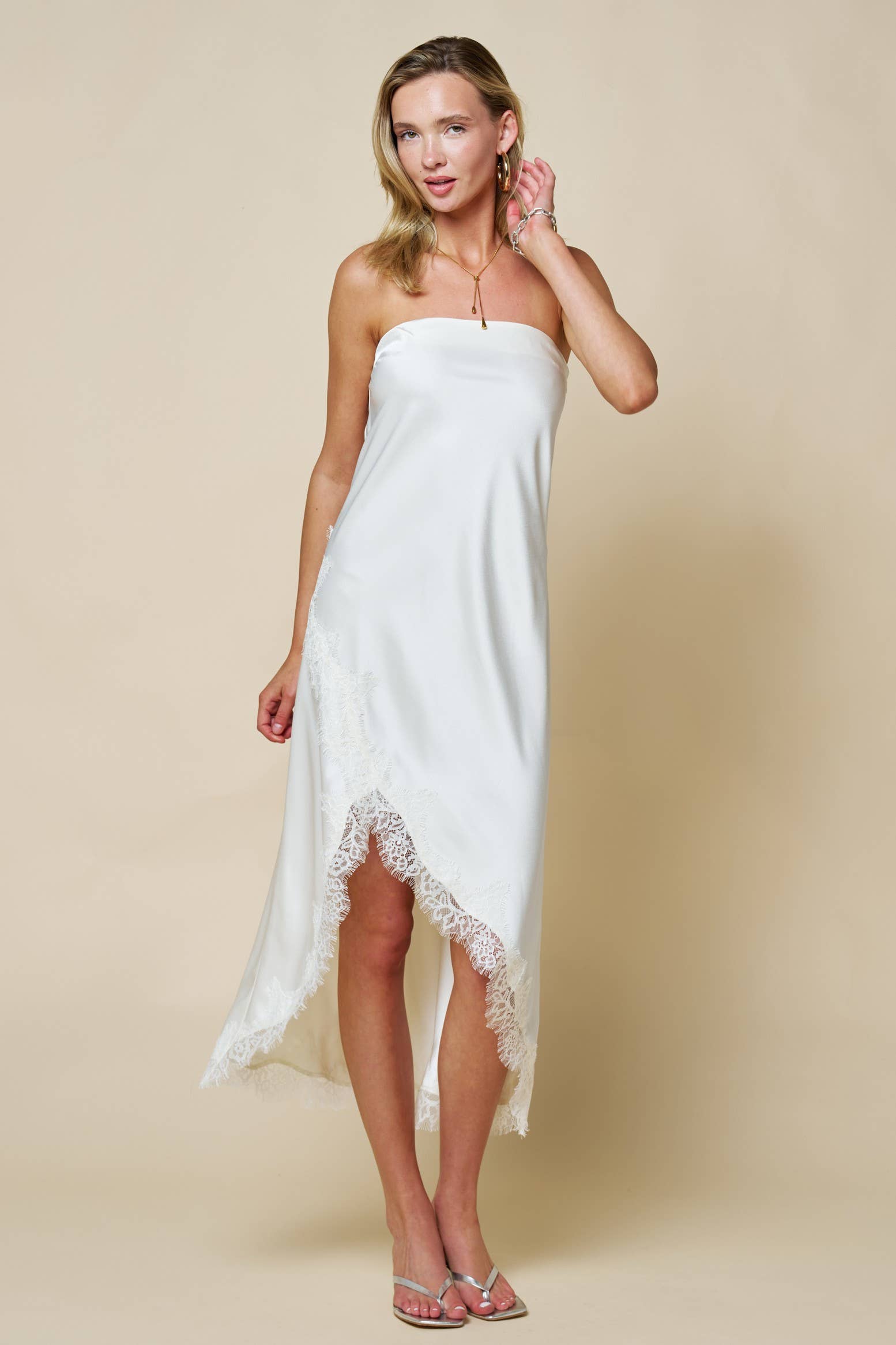 Cream Strapless Satin Midi Dress