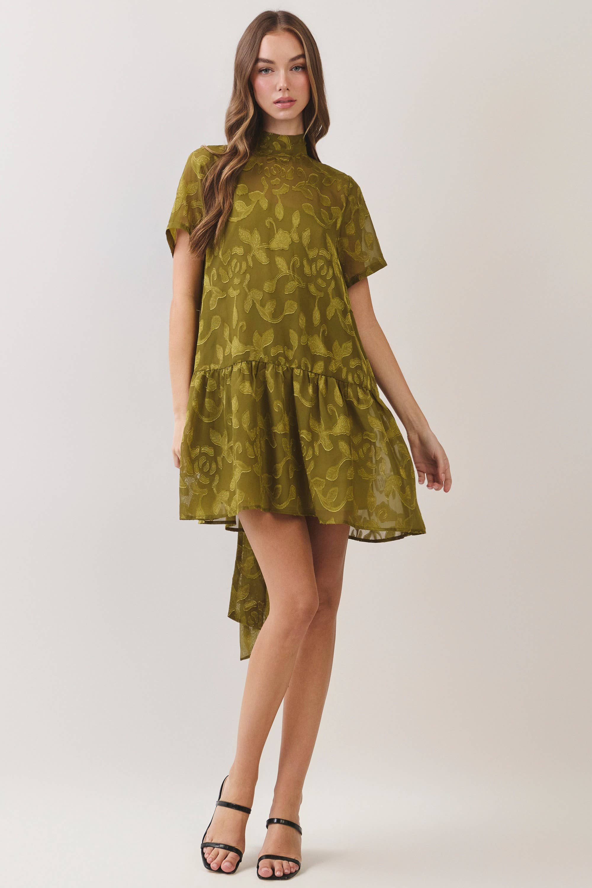 Green Floral Jacquard Tie-Neck Mini Dress
