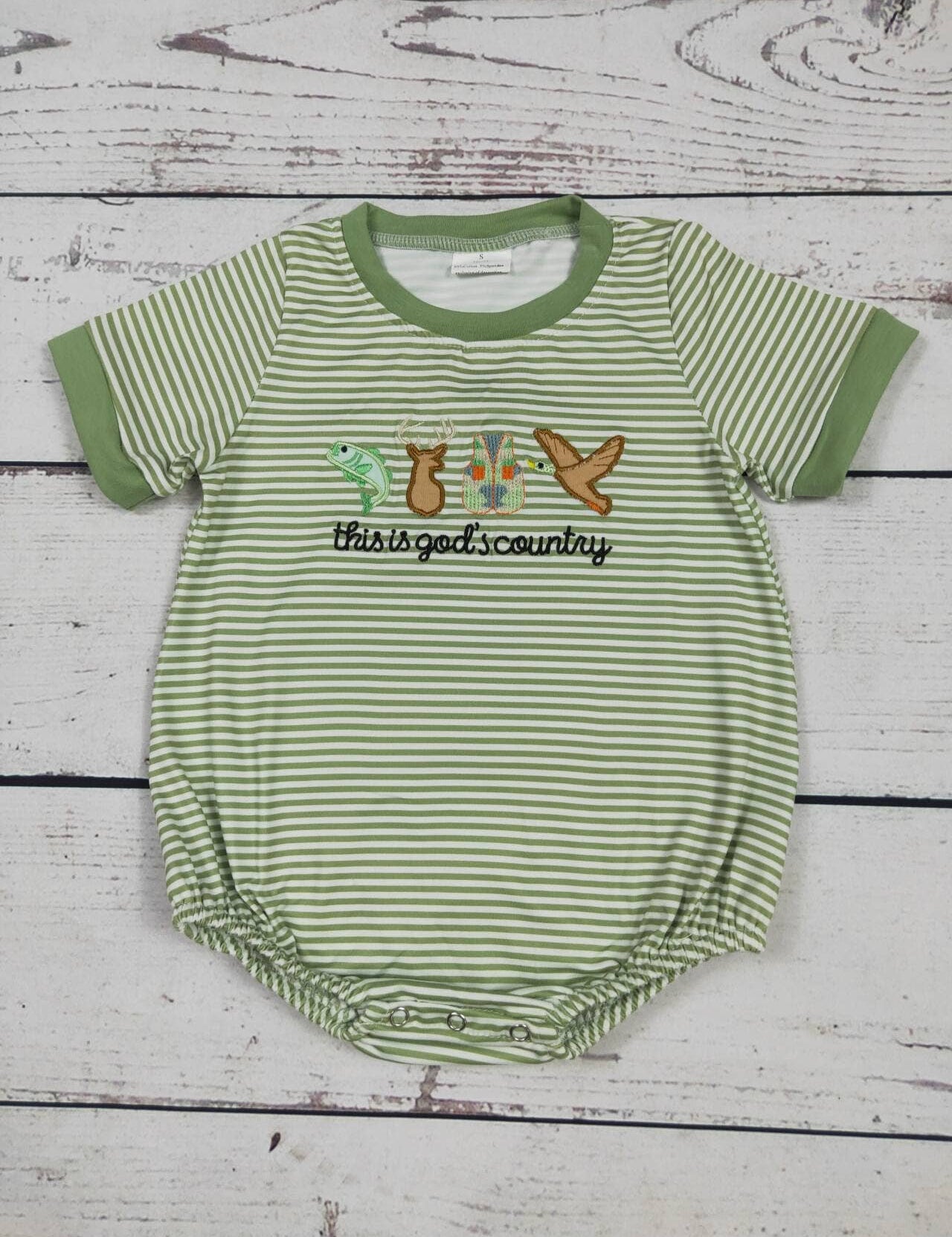 Baby Boy Hunting Appliqué Bubble — color: green and white stripe and round neckline