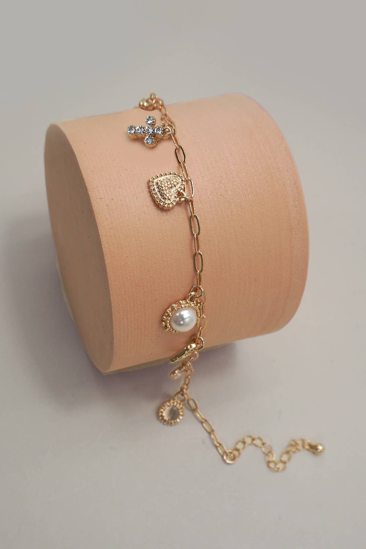 CHARM BRACELET-LINK CHAIN HEART PEARL CROSS CHARMS