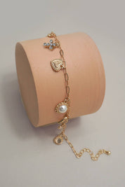 CHARM BRACELET-LINK CHAIN HEART PEARL CROSS CHARMS