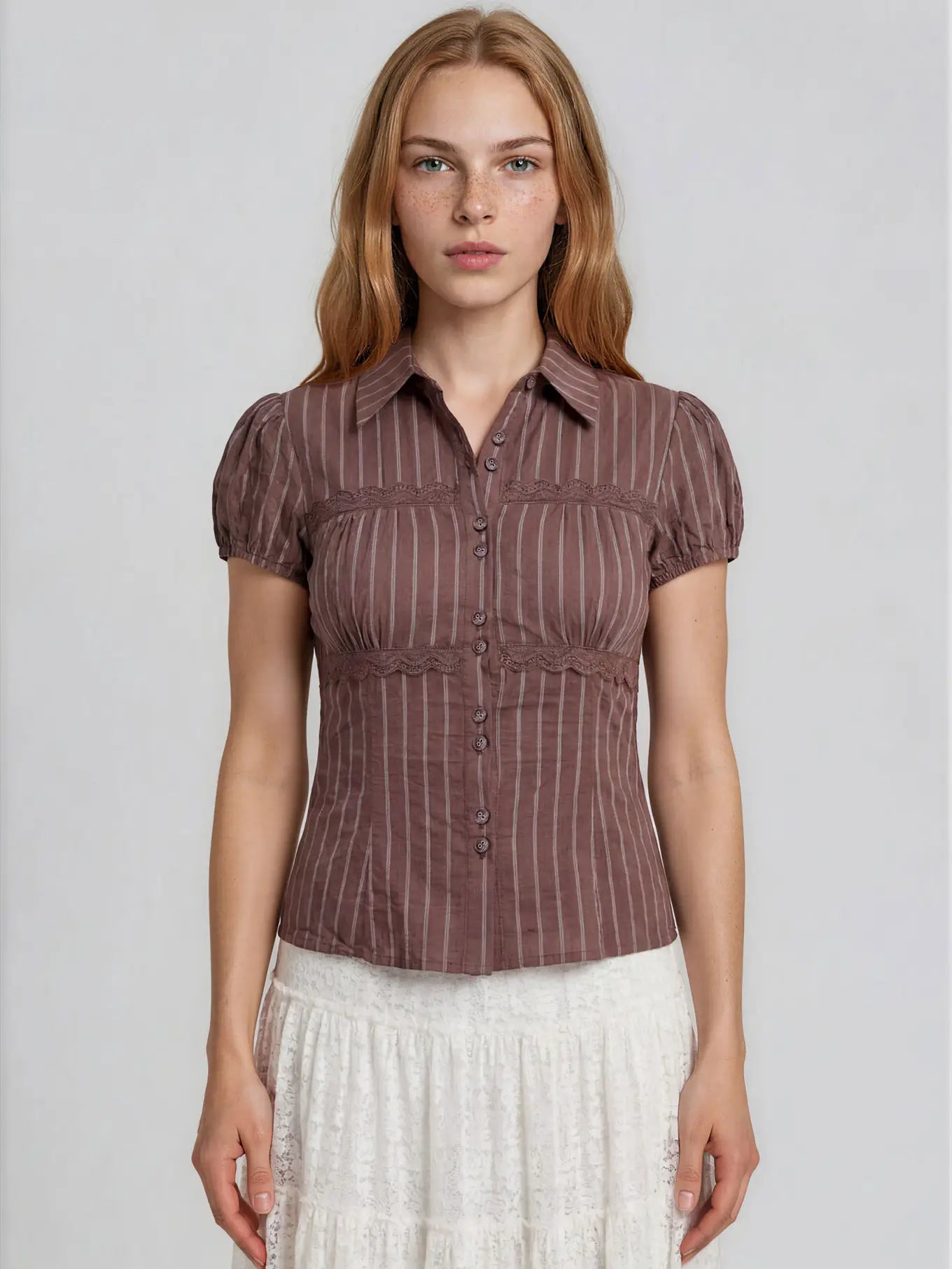 Brown & White Stripe Collared Top