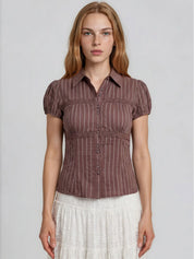 Brown & White Stripe Collared Top
