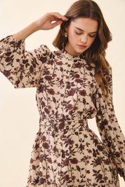 Floral Print High Neck Removable Buckle Belt Dress