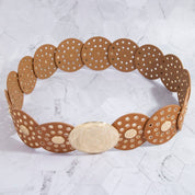 Brown & Gold Leather Grommet Disc Chain Belt