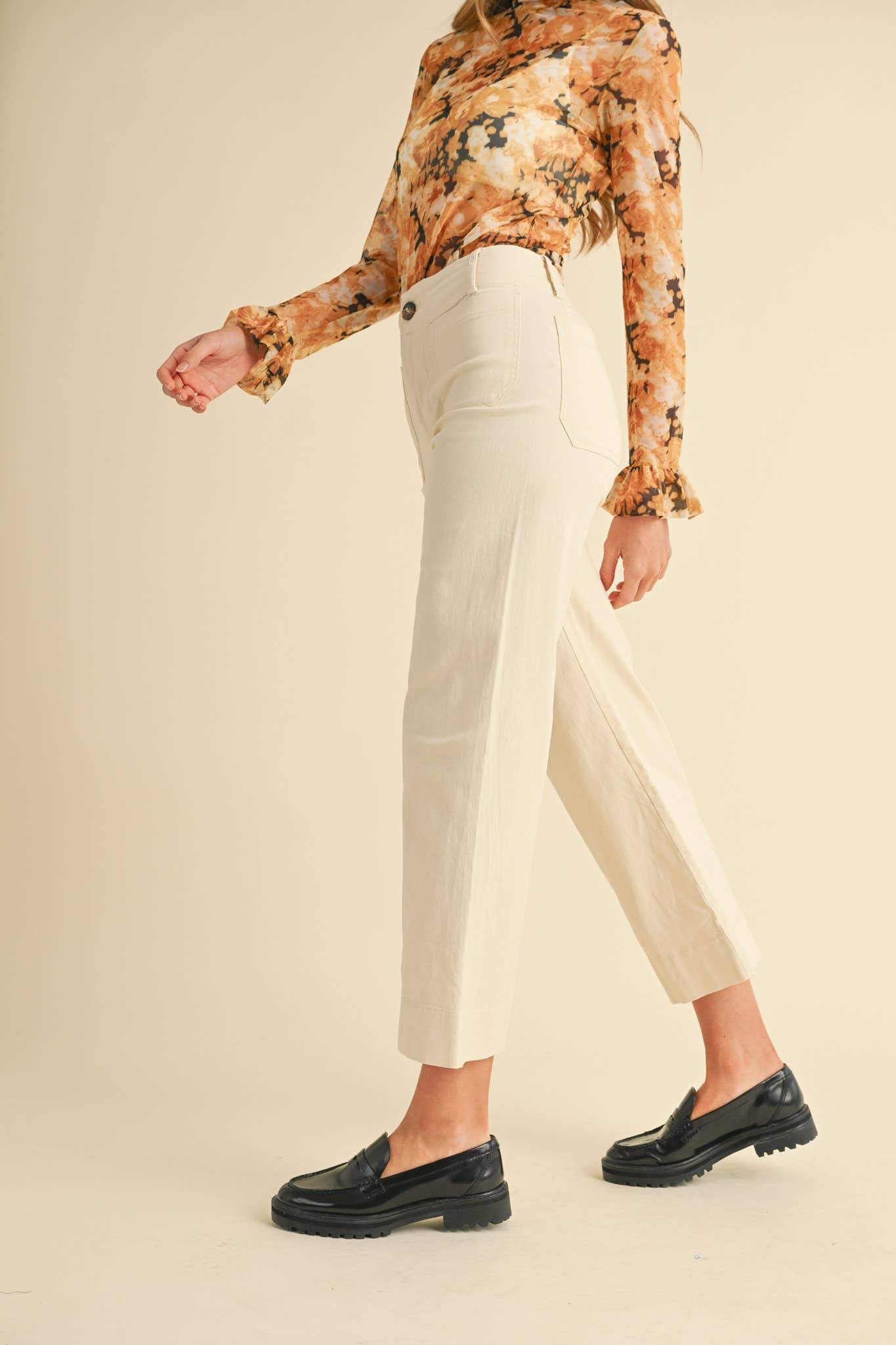 Cream High Waist Cropped Wide Leg Pants