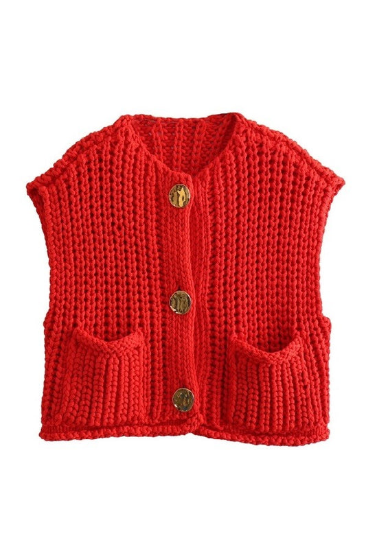 Red Solid Round Neck Sweater Vest