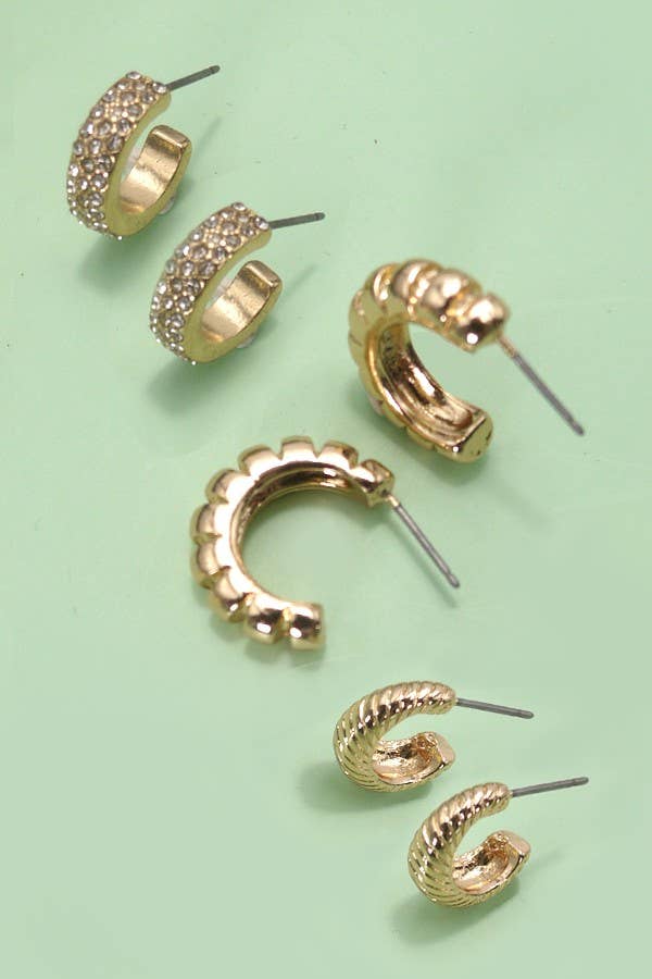 TRIO RHINESTONE TEXTURED HUGGIE HOOP EARRINGS