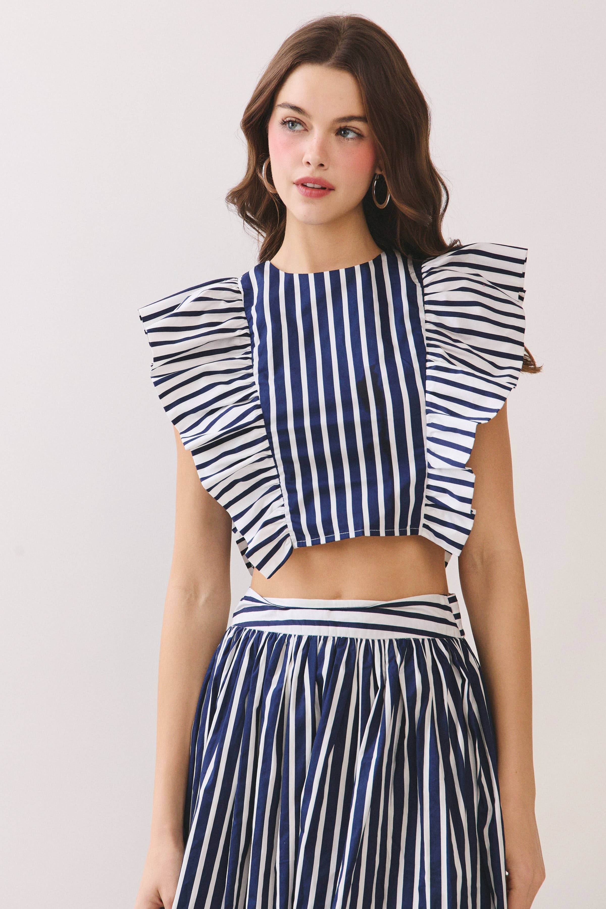 Striped Ruffle Sleeves Cropped Top