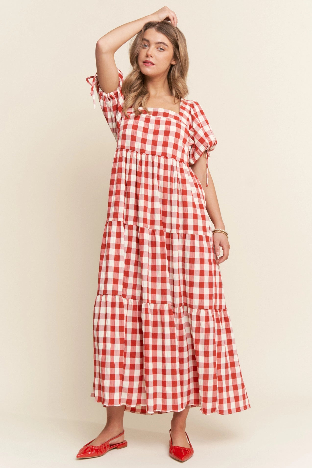 Red Checkers Puff Sleve Dress