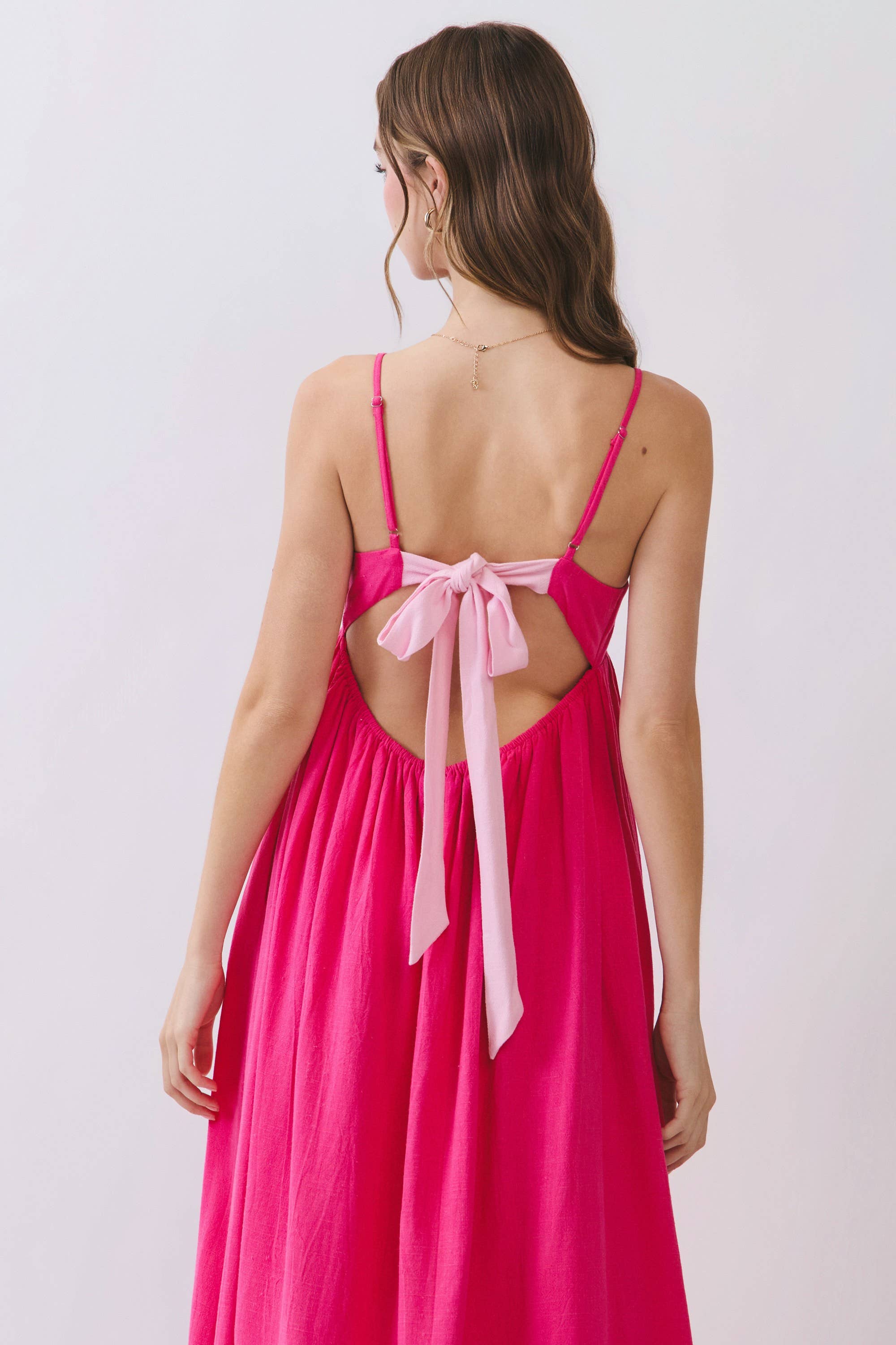 Pink Open Back Tie Strap Maxi Dress