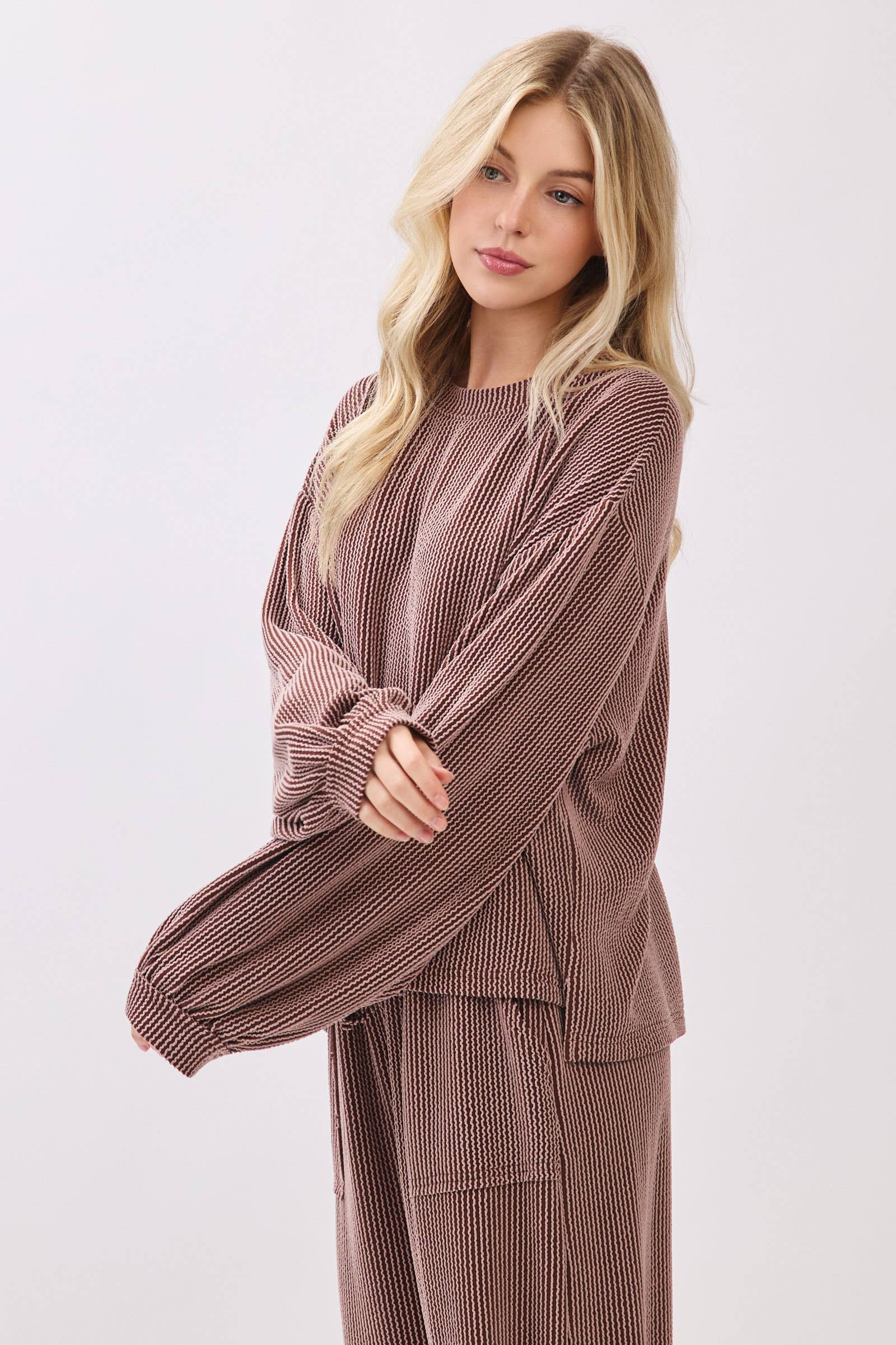 Brown Ribbed Knit Top and Wide Leg Pants Set