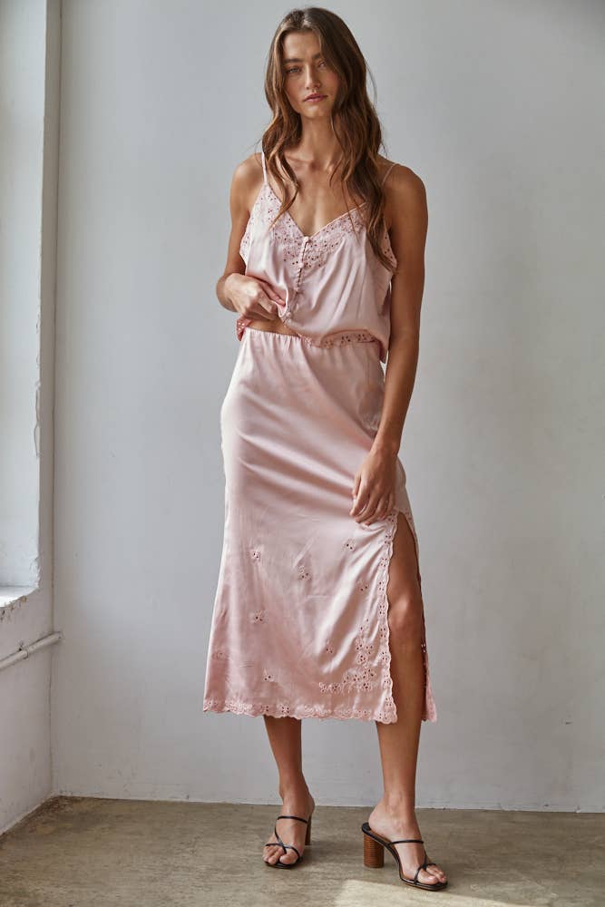 Pink Satin Embroidered Midi Skirt