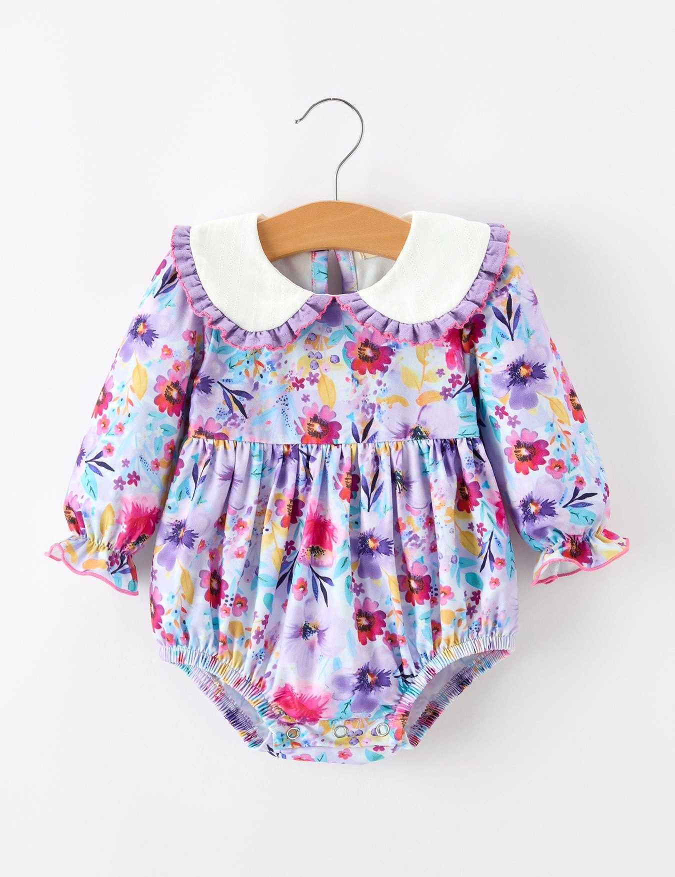 Purple Floral Baby Girls Bubble Romper — sweet bubble silhouette and snap buttons