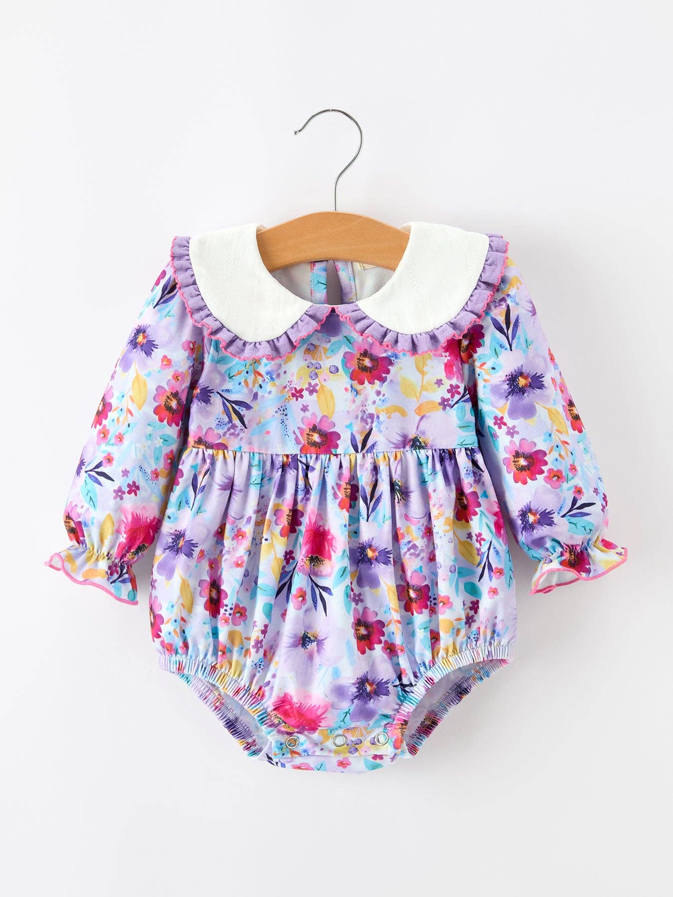 Purple Floral Baby Girls Bubble Romper — sweet bubble silhouette and snap buttons