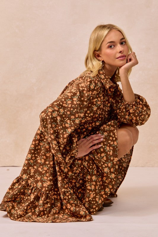 Brown Floral Print Corduroy Dress