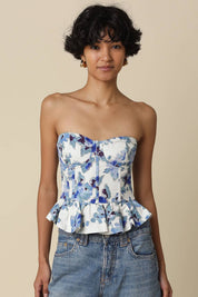 Blue & White Floral Peplum Tube Top