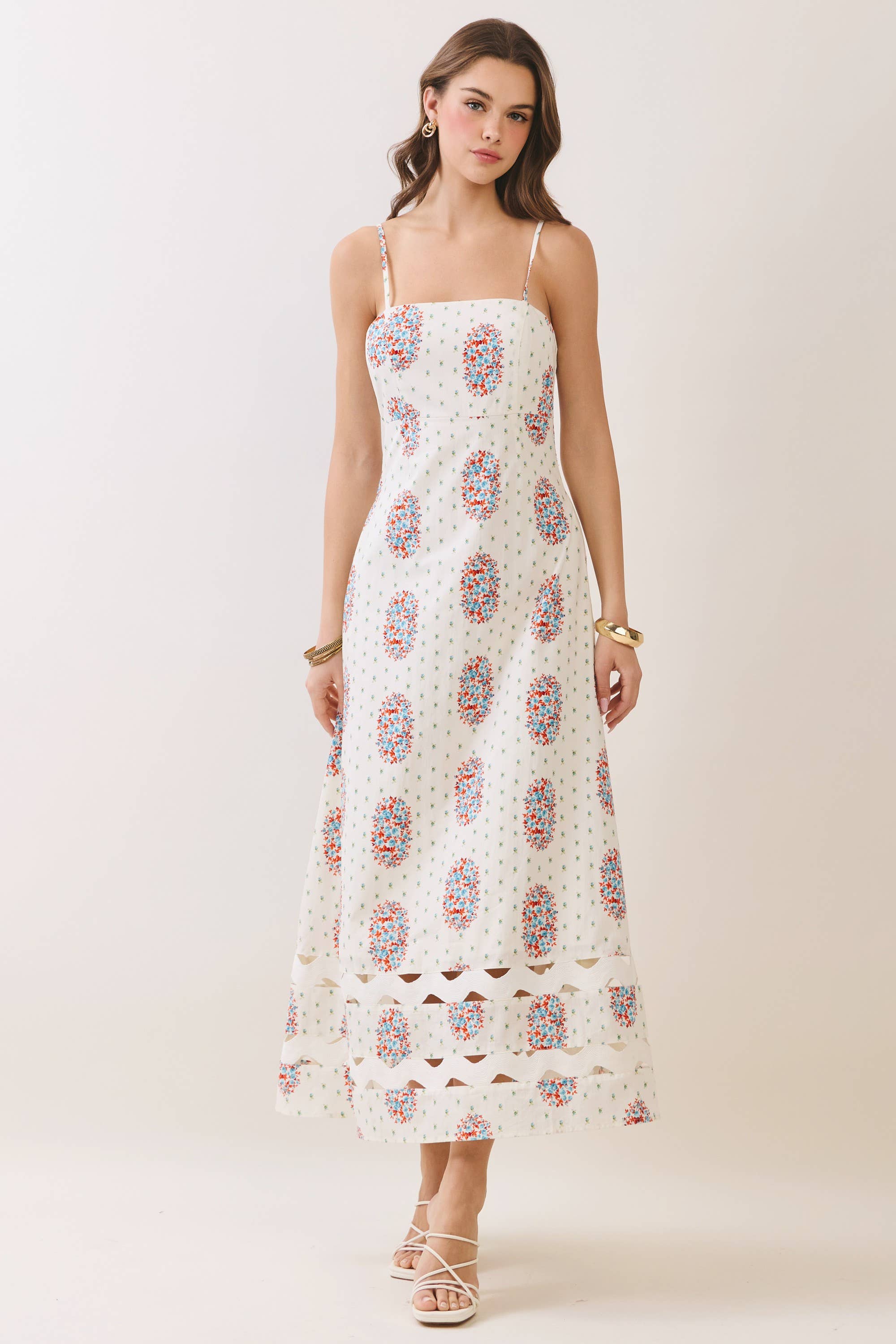 Cream Floral Cutout Detail Midi Dress