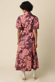 Purple & Pink Floral Shirt Belted Maxi Dress showing self-tie waist belt