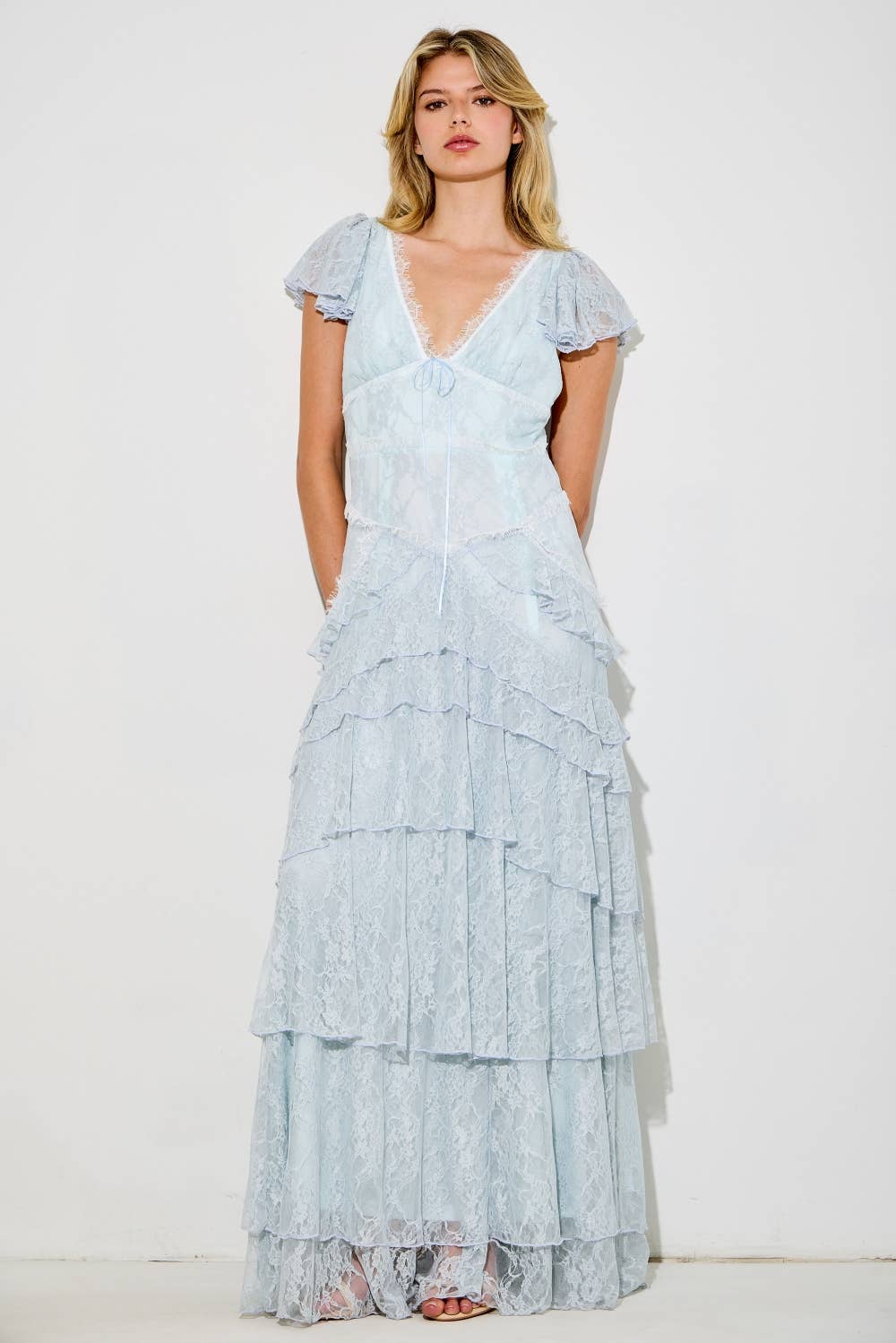 Blue Lace Ruffle Maxi Dress