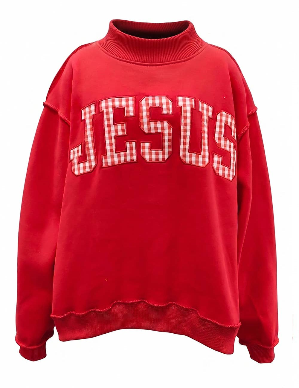 Red Gingham Jesus Mockneck showing "JESUS" gingham applique graphic