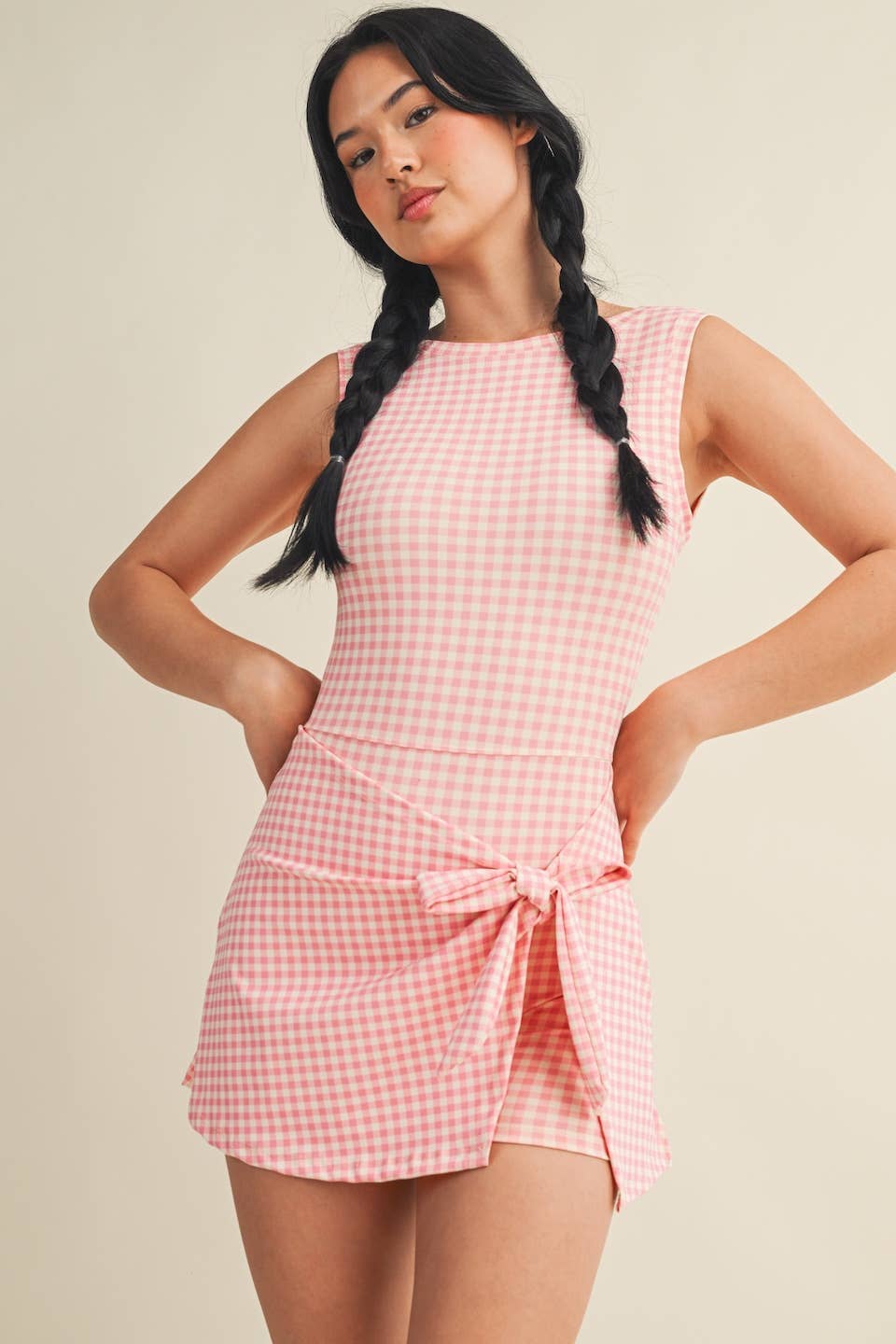 Pink Gingham Wrap Tie Dress