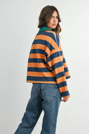 Green Striped Quarter-Zip Contrast Collar Sweatshirt