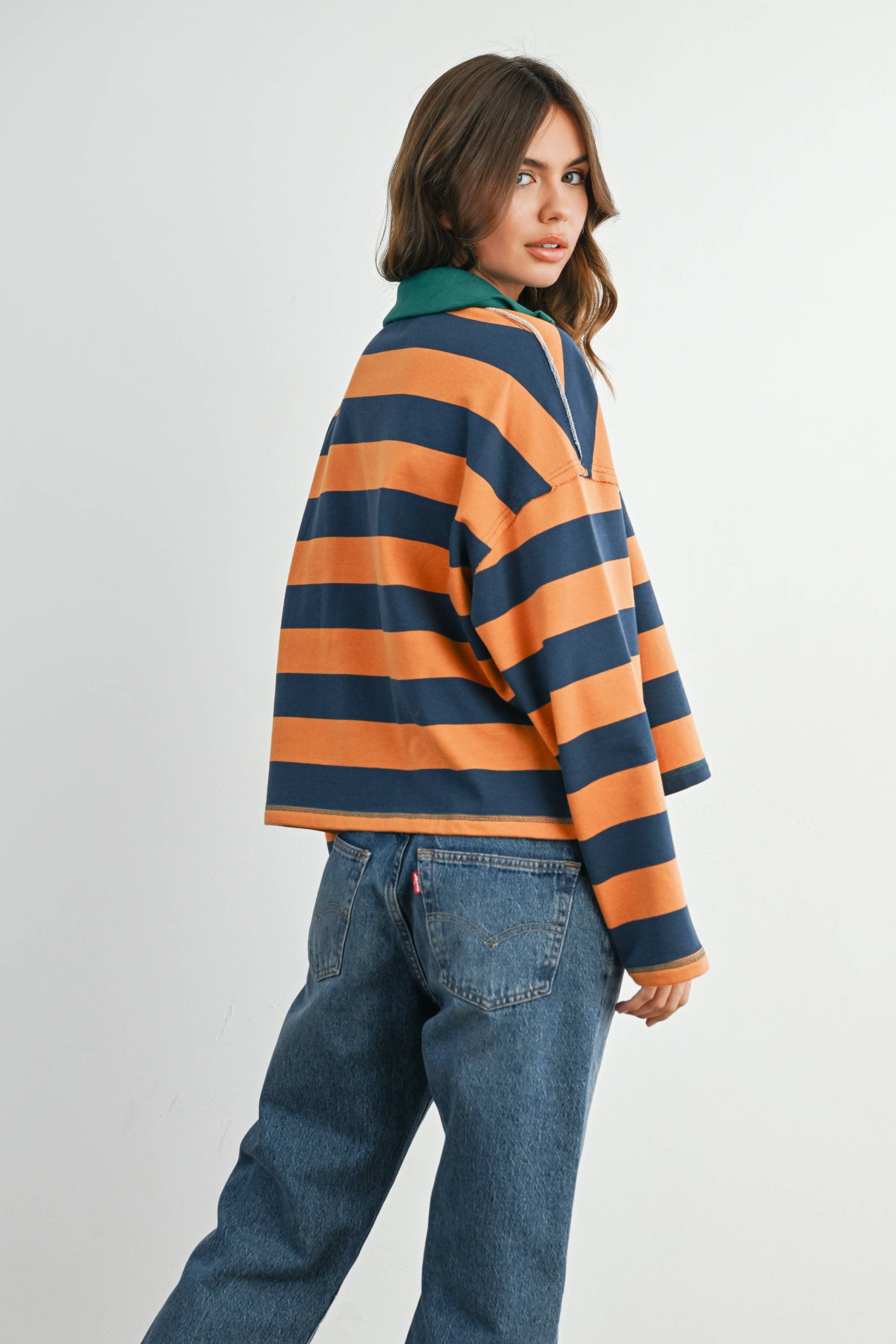 Green Striped Quarter-Zip Contrast Collar Sweatshirt