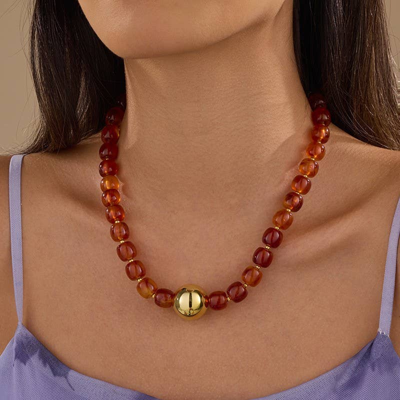 Brown Barrel Bead Gold Ball Necklace