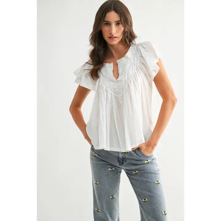White Flutter Sleeve Detail Blouse