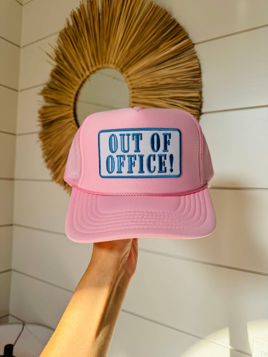 OUT OF OFFICE Patch Trucker Hat | Light Pink