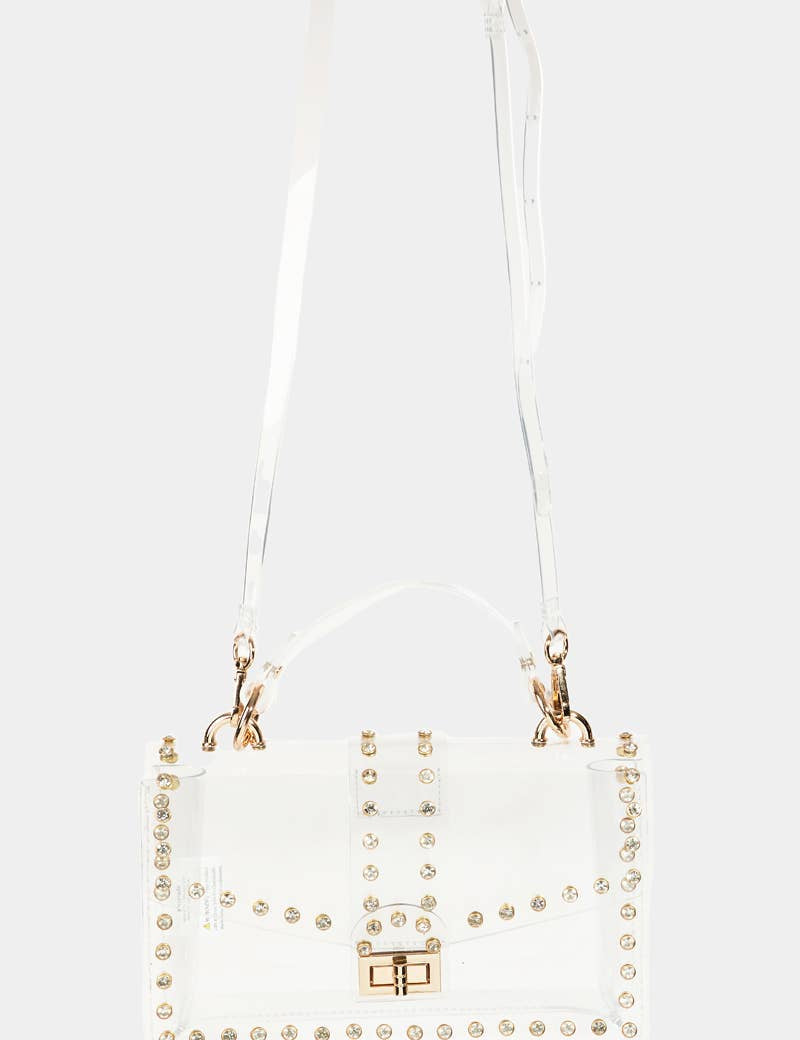 Transparent Rectangle Rhinestone Trim Bag showing color: clear with gold-tone hardware