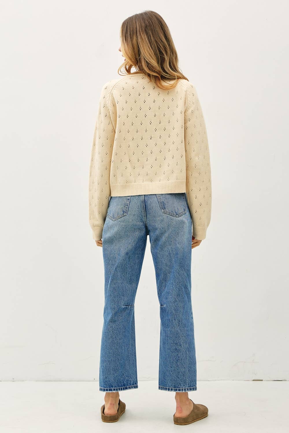 Cream Eyelet Lightweight Cardigan showing eyelet