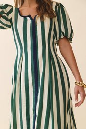 Green Striped Square Neck Midi Dress