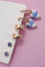 BLUE CERAMIC PORCELAIN TRIO HUGGIE HOOP EARRINGS