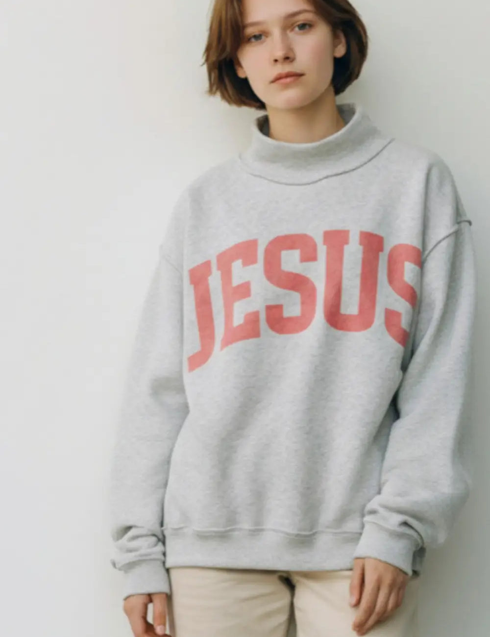 Coral Reversible Jesus Mock Neck — ash gray with coral lettering and mock neckline
