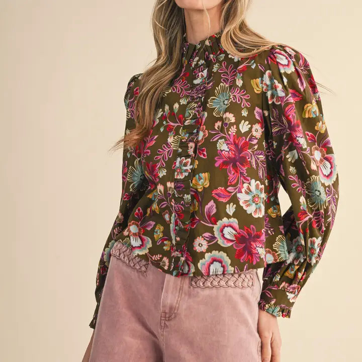 Olive Floral Ruffled Button Down Top