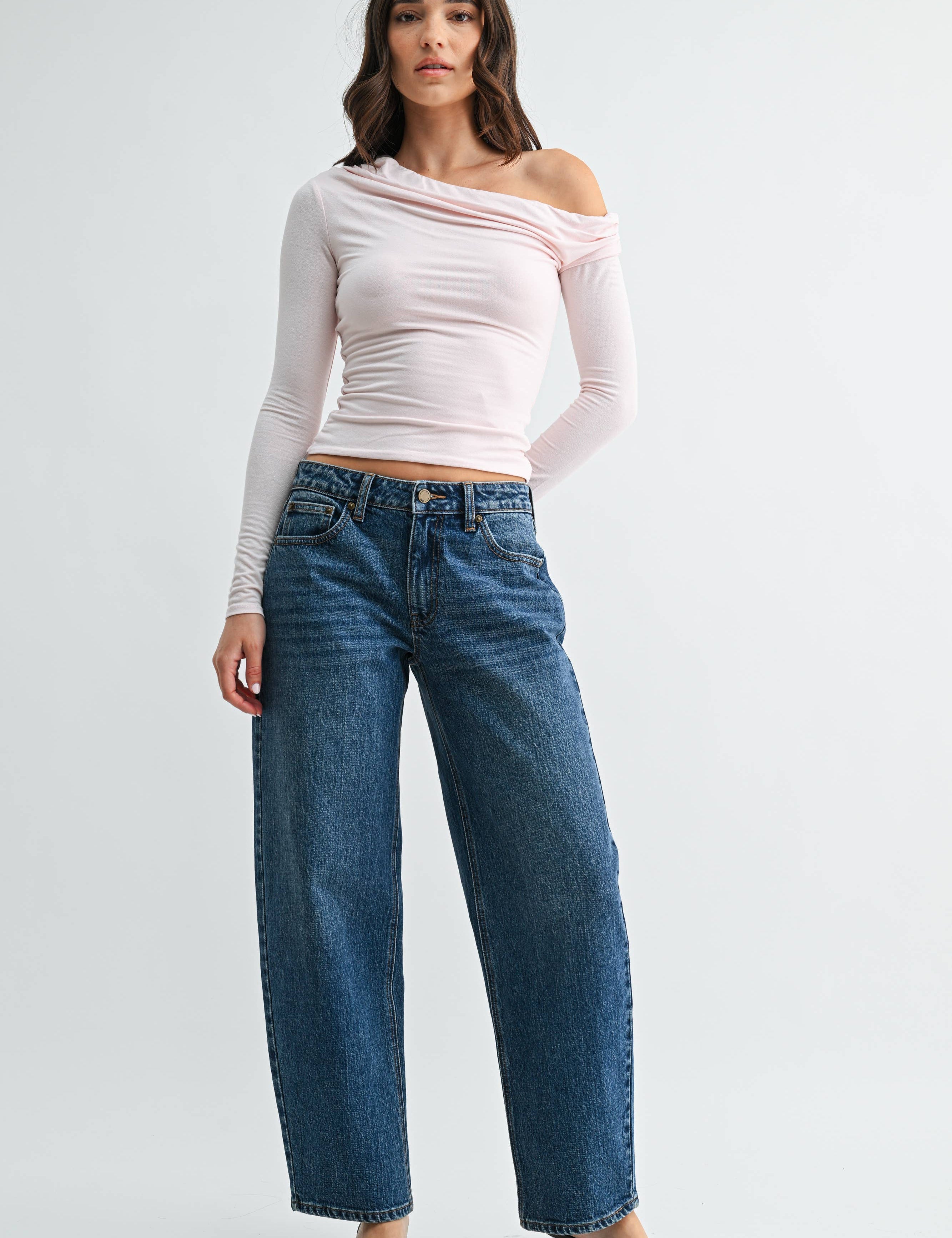 Relaxed Straight Barrel Jean showing high rise