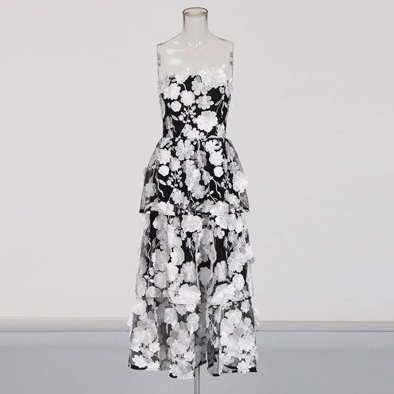 Blue 3D Flower Strapless Dress
