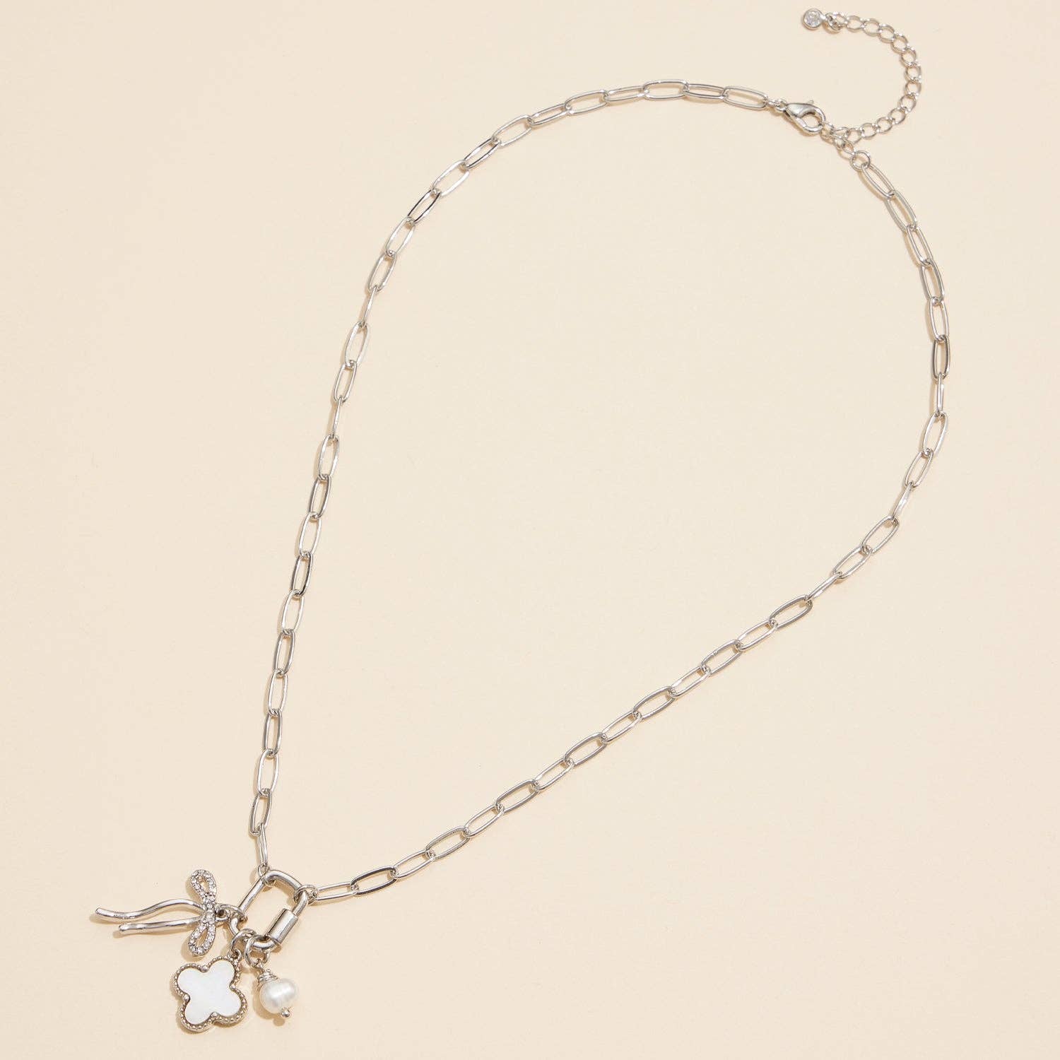 Gold Dipped Bow Charm Necklace with Clover & Pearl