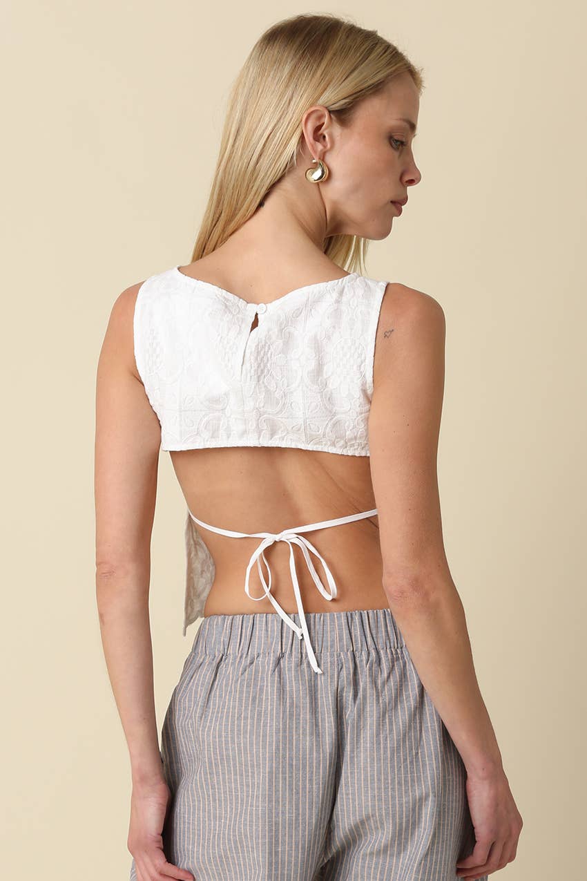 White Embroidered Open-Back Top