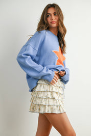 Blue Drop Shoulder Star Pattern Sweater
