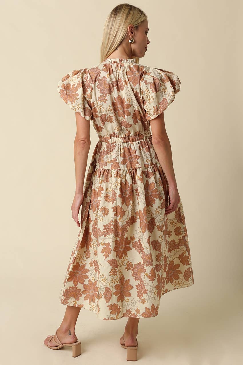 Beige Puff Sleeve Floral Midi Dress